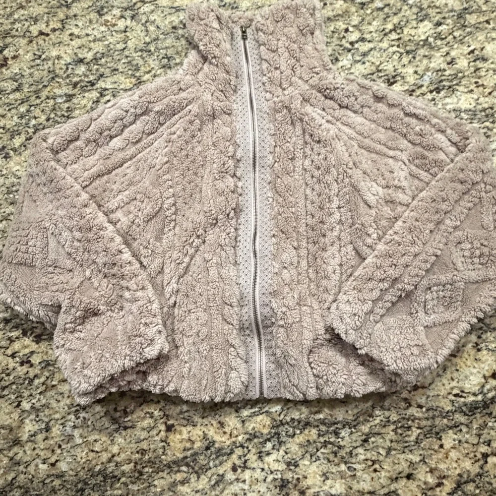 Pilcro and the Letterpress Faux Fur Cable Knit Zip Up Jacket Taupe XS